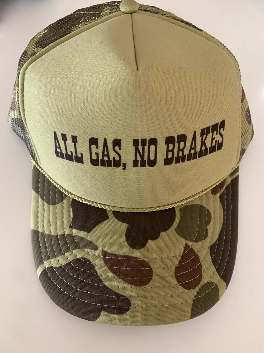 'All Gas, No Brakes' Trucker Hat in Olive and Camo